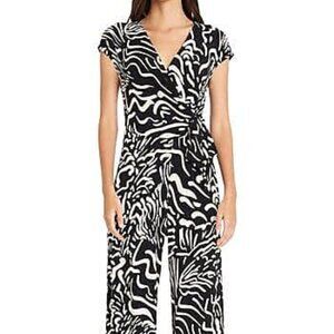 NWT Maggy London Lexington Front Tie Blk/Wht Printed Jersey Jumpsuit SZ 4 $108